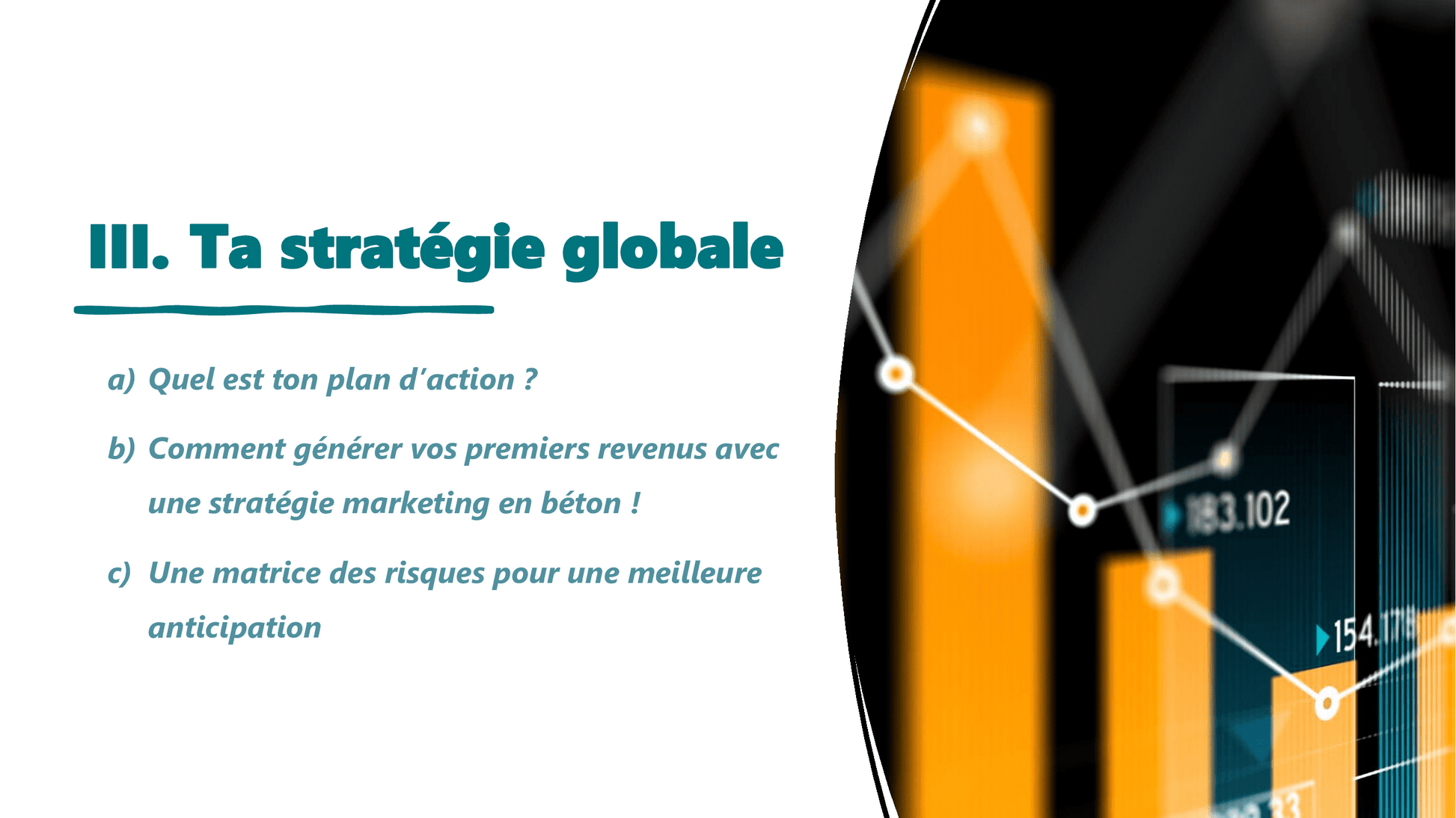 C'est un aperçu de notre business plan. Il s'agit du troisième chapitre qui détermine la stratégie globale à adopter pour performer.