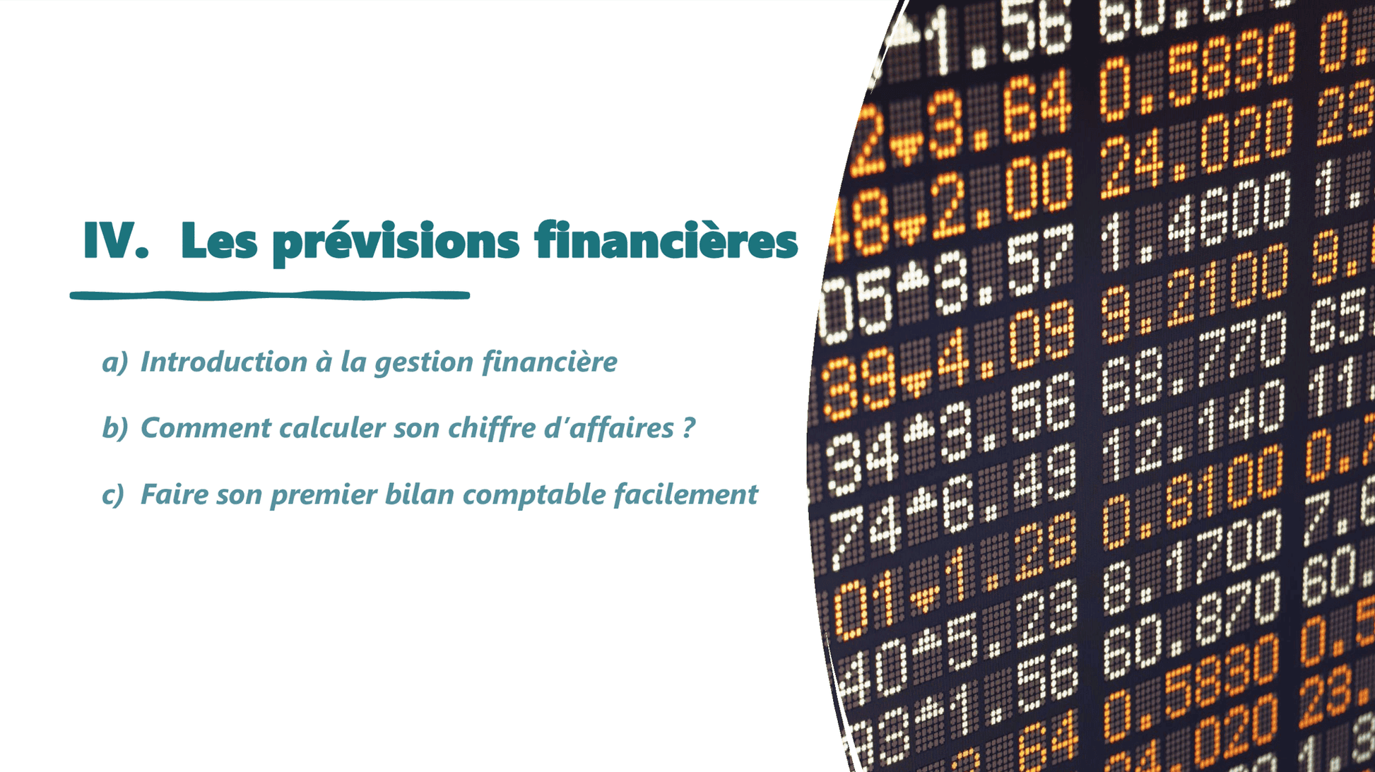 C'est un aperçu de notre business plan. Il s'agit du quatrième chapitre qui introduit la gestion financière de l'entreprise.
